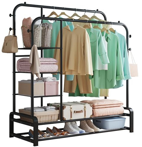 SMILOVII Multifunktionalen freistehenden Kleiderständer mit Doppelruten-Design, 8 Haken, 3 Lagen Seitenablagen und 2 Lagen Schuhregalen können, für Schlafzimmer Garderobenständer, kleiderbügel schwarz