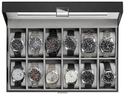 ProCase Watch Box Organizer, 12 Slot Watch Display Case With Glass Lid, Watch Storage Holder Mens Watch Case, Anniversary Birthday Valentine Gifts for Men Women -12 Slot, Black