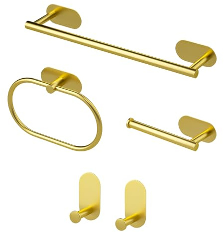 Sarsumir Accessori Bagno Set di 5 - Porta Asciugamani Bagno Adesivo, Porta Carta Igienica, Anello Portasciugamani, Ganci Adesivi, Oro
