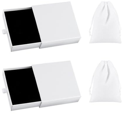 SLEEKEE 2 cajas de regalo para joyas, 2 bolsas de terciopelo, caja de regalo cuadrada con cinta, pulseras, pendientes, collares, cajas de regalo, cajas de almacenamiento para joyas para mujer (blanco)