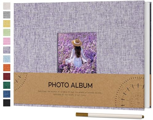Vienrose Självhäftande fotoalbum med bildfönster för foton på 10 x 15 cm, omslag av linne, klippbok, 60 vita sidor, för resor, fotobok med kulspetspenna, 21,5 x 30 cm, lila