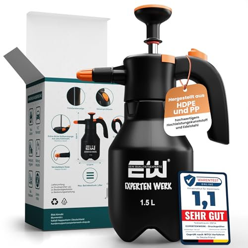 ExpertenWerk Drucksprüher 1,5L |Hochleistungs- & Präziser Pumpsprüher mit Sicherheitsventil & verstellbarer Düse | Auslaufsichere Pumpsprühflasche, Pumpflasche für KFZ, Haus, Garten & Reinigungsmittel