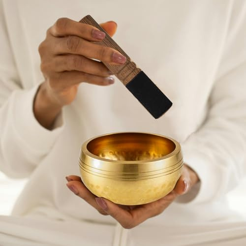 Bol chantant Tibétain avec Manche en Bois Bol Sonore Fabriqué à la Main au Népal Bol de Méditation Gravure Mantra de Guérison Bol Chant Bouddha pour Relaxation Yoga Guérison Prière Cadeau