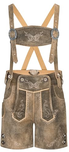 Schöneberger Trachten Couture Pantalones de piel para niños – Pantalones de cuero antiguos para niños y niñas, pantalones tradicionales de piel de terciopelo para Oktoberfest, Marrón-Gris, 170