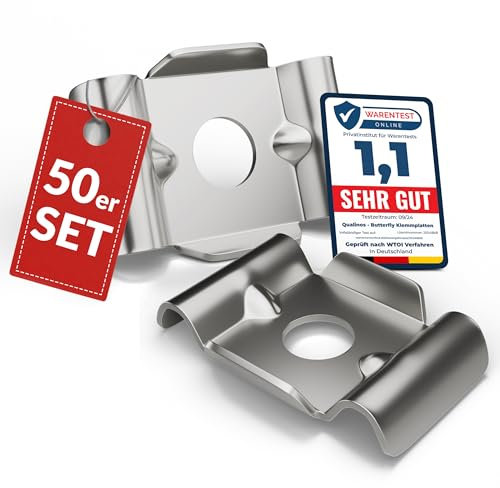 Qualinos 50x hochwertige Doppelstabmattenzaun Befestigung Zubehör Typ Butterfly aus V2A. Zaunhalter Edelstahl zur Zaunbefestigung. Stabmattenzaun Befestigung Zubehör Zaun Halterung. Made in Germany