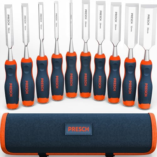 Presch Set di scalpelli per legno 10pz. incl. Borsa - Completamente affilati (6, 10, 12, 16, 18, 20, 24, 26, 32, 38 mm) - Con angolo di taglio a 25° e robusta capocchia in metallo