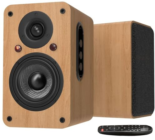 LONPOO Aktiv Regal-Lautsprecher Paar,100W RMS Aktivlautsprecher mit 4-Zoll Kohlefaser-Tieftöner, Bluetooth5.3, HDM ARC, Optisch, Koaxial, USB, AUX-IN, Fernbedienung (LP-42X Gelb)