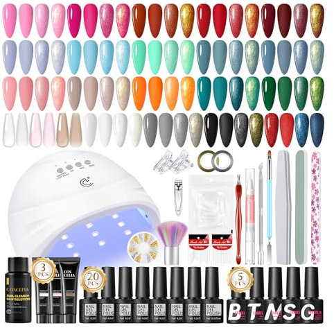 COSCELIA Kit Uñas Semipermanentes, 25PCS Esmaltes Semipermanentes Rojo Claro Lechoso Blanco Rosa Base Top Mate Top Coat 3 PCS Gel Extensión de Uñas con Lampara, Kit Manicura Semipermanente