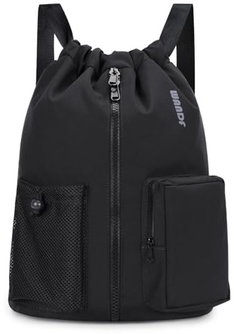 WANDF Drawstring Gym Bag Sports Backpack with Shoes Compartment Water-resistant Swimming Bag for Men Women Ideal for PE School Travel Beach (Black)