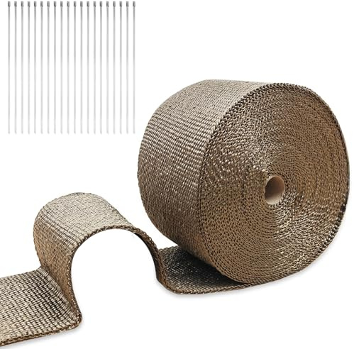 AggSound 20m×5cm Hitzeschutzband Auspuff, Titan Auspuff-Isolierband aus Basaltfaser, Golden Auspuffband mit 20 Kabelbinder Edelstahl(30cm), für Auspuff von Motors und Autos