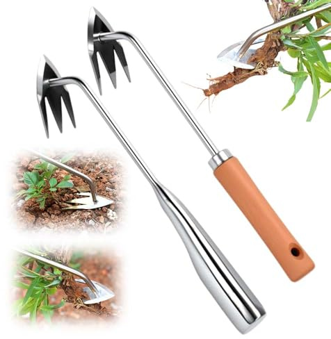 AprYew Strumento manuale per rimuovere le erbacce da giardino e prato, 3 artigli in acciaio al manganese resistente, con manico per una facile rimozione delle erbacce in cortile, fattoria e cortile