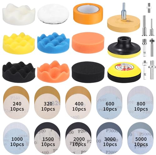 Ixydor 120 stycken poleringstillbehör sladdlös skruvdragare, 75 mm slipskivor våtslippapper, polerdyna svampset, 75 mm poleringssvampar kuddar, bilsvampar dynor poleringsfäste för polering, slipning