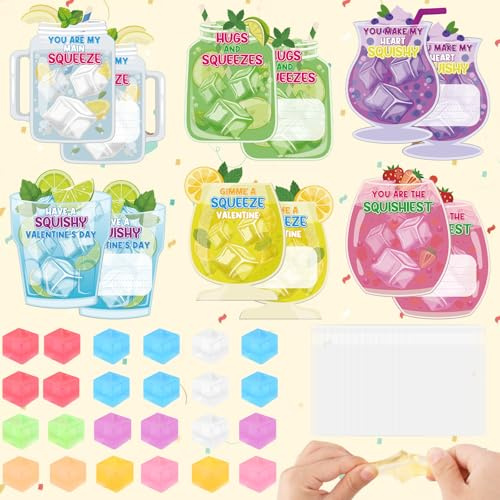 Lemicin 24 Pack Valentines Day Ice Cube Shaped Squeeze Balls with Drink Cards Stress Relief Squeeze Fidget Toys Exchange Gift for Kids Teens Adults Classroom Valentines Cards Party Favors