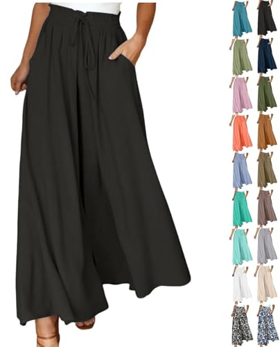 Pantalon Fluide Femme Été Taille Haute Large Pantalon Respirant Taille Élastique Pantalons Décontracté Avec Cordon Et Poches Palazzo Pants À Coupe Confortable Couleur Unie Jupe Culotte Chic Et Elegant