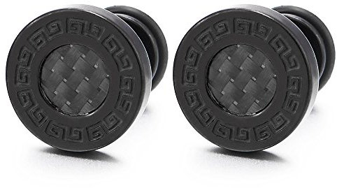 2 Herren Schwarz Griechischen Schlüsselmuster Ohrringe mit Kohlefaser, Edelstahl Ohrstecker Fake Ohr Plug Tunnel Gauges