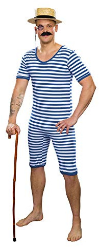 shoperama Traje de baño a rayas para hombre nostálgico años 20 y 30, estilo levantador de pesas, payaso, artista, retro, histórico, despedida de soltero, azul/blanco, M