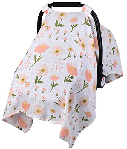 Muslin Car Seat Cover for Babies, Metplus Breathable Infant Carseat Cover Lightweight Baby Carrier Cover for Girls Boys, Fit Spring Summer/Hot Days/Warm Weather, Pink Floral