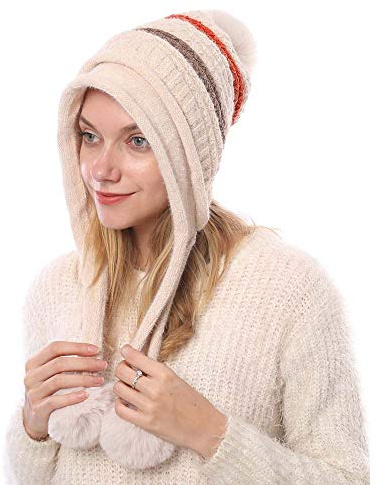 Kangqifen Bonnet d'hiver pour femme rayé doublé polaire chaud bonnet tricoté à pompon bonnet à pompon tricoté avec cache-oreilles 3 pompons, beige, taille unique