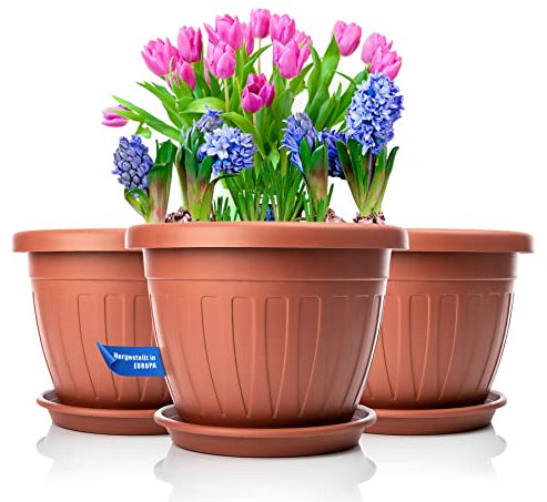 BigDean 3X Blumentopf mit Untersetzer rund ø33xH25 cm Terracotta - wetterfester Pflanzkübel - Wasserablauf UV-beständig aus bruchsicherem Kunststoff - Innen + Außen geeignet - Made in Europe
