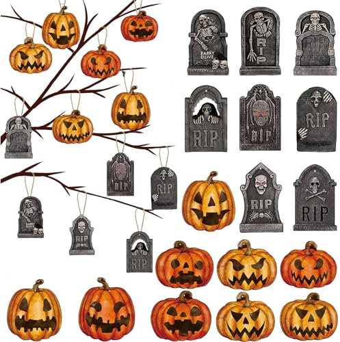 25 Pcs Halloween Hanging Ornaments Decorations for Tree Halloween Pumpkin Tombstones Paper Hanging Tag Decorative,Funny Mini Halloween.Horror Hanging Pendant for Kids Gift DIY HalloweenTheme Party