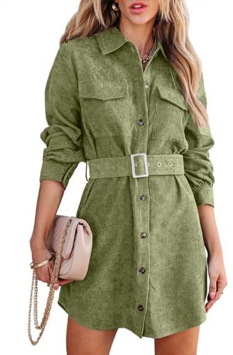 Uusollecy Blusenkleid Damen Corduroy Langarm Hemdkleid mit Gürtel, Minilänge Cordkleid mit Tasche und Knopfleiste Grün XL