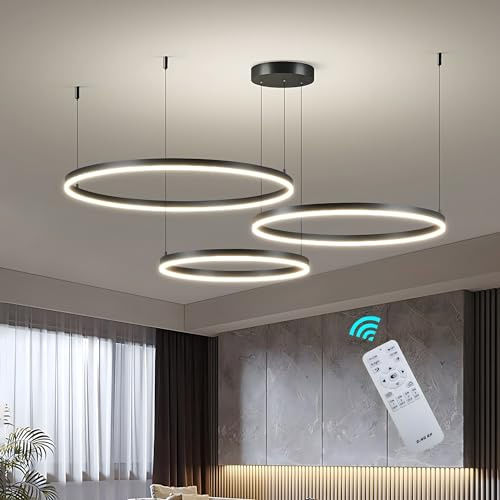 BEHWU Suspension LED Moderne, Anneaux Suspension Réglable Lustre de Plafond, Pendentif Lumière de LED Créative, Lampe à Suspension avec Télécommande, Dimmable, LED Lustre pour Salon Cuisine Restaurant