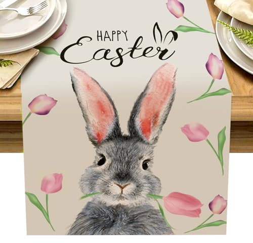 Tulpe Hase Ostern Tischläufer, Waschbar Blumen Saisonnal Tischläufer, Frühling Küche Esstisch Dekoration, Ostern Tischdeko für Drinnen und Draußen Urlaub Party Wohnzimmer Dekor, 33 x 230 cm