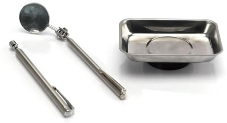A2ZWORLD Set Vaschetta Magnetica Porta Attrezzi + Specchio Estendibile + Bastoncino Telescopico, Per Viti, Dado E Bulloni, Organizzatore Magnetico (Set con Vaschetta Retangolare 9.5x6.5cm)