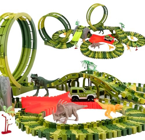 CELMAN Dinosaurier Spielzeug - Flexibles Rennbahn mit viele Teilen und Geländewagen, Autorennbahn Spielset für Kinder ab 3 4 5 6 7 8 Jahren Komplettset Geschenk (D-244)