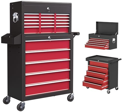 HOMCOM 2 in 1 Rolling Tool Cabinet on Wheels with 14 Drawers, Pegboard and Side Rack, Lockable Top Tool Chest and Roller Cabinet Combo for Workshop and Home, Red