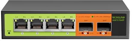 Commutateur Réseau 6 Ports 2.5Gb, 4X RJ45 2.5G, 2X SFP+ 10G, Multigigabit, Non Géré, Boîtier en Métal, Bande passante 60G, sans Ventilateur, Compatible avec NAS 2.5gbe, PC, AP