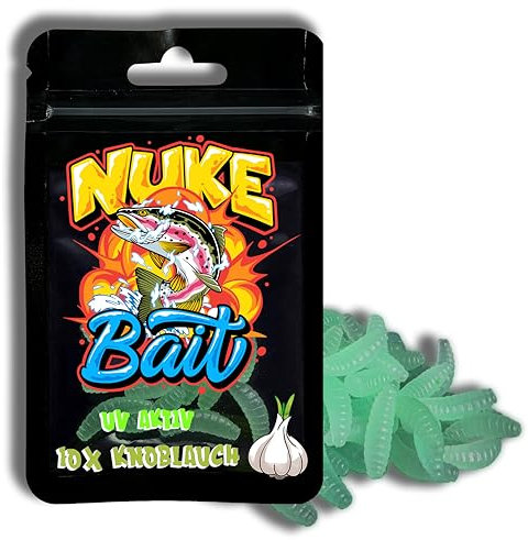 Nuke Bait - Forellenköder - Bienenmaden mit Lockstoff -10 Stück - UV Aktiv - Forellen Köder, Bienenmade, Kunstköder mit Geruch, Aroma Angelköder, Raubfisch, Bester Fischköder (Knoblauch - Aroma)