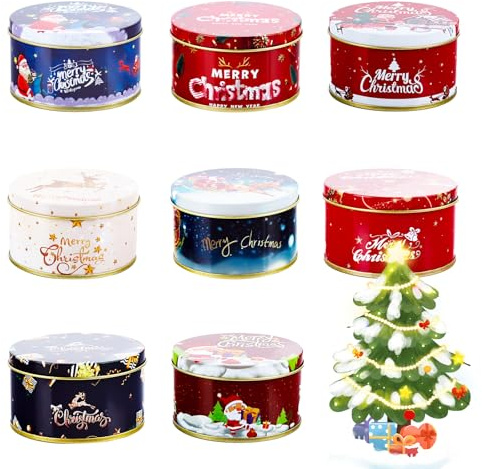 JWTRSVTY 8 cajas de metal con tapa, mini cajas de galletas navideñas, latas de almacenamiento de Navidad, mini latas de metal para dulces y aperitivos