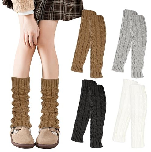 JABNOW 4 Paare Winter Stulpen Damen, 4 Farben Mode Vintage Leg Warmers, Warme Beinstulpen Strick, Bequem Beinwärmer Geeignet für den Alltag Skifahren（Grau Schwarz Weiß Khaki）