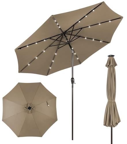 KOMFOTTEU Ombrellone da Giardino 3m, con Luci LED e Manovella, Ombrellone da Balcone Inclinabile Protezione UV, Parasole da Cortile con 8 Osse, per Terrazza, Spiaggia, Piscina (Marrone)