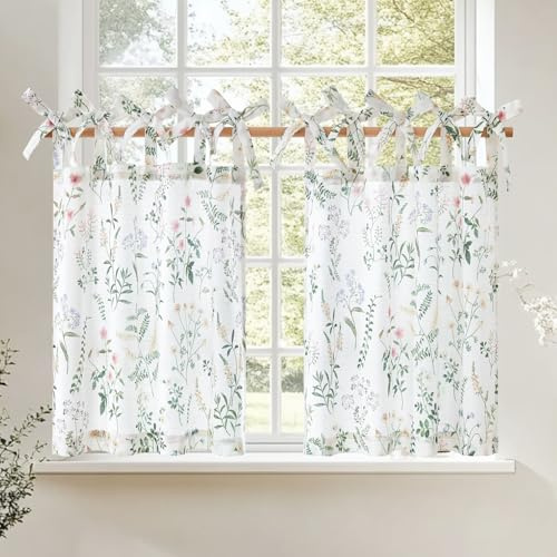 TOPICK Green Floral Linen Blend Kitchen Curtains for Bathroom Living Room Bedroom Cupboard 36 Inch Drop Botanic Cafe Curtains Tiers Light Filtering Small Window Drapes Tie Top 2 panels