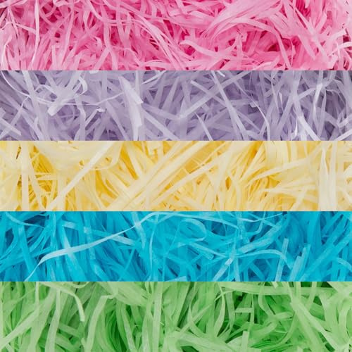 Shredded Paper, 50g per Colour (Pink, Lavender, Yellow, Blue, Green), 5 Colours Shredded Tissue Paper for Gift Boxes and Party Decorations, Soft Hamper Filling