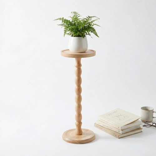 Perclyzm Rond Sidobord Av Massiv Ek Med Fat, Rustik Brunt Högt Pedestalbord, För Vardagsrum, Soffa, Sovrum, Små Utrymmen (Light walnut)