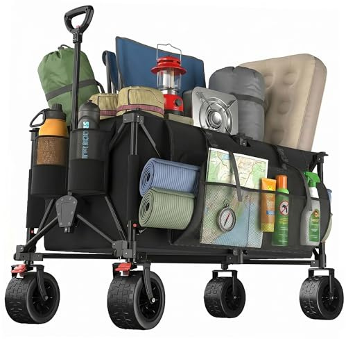 Carrello Spiaggia Pieghevole 260L, Carrello con Ruote Portatutto | Freno | Carrellino con Ruote Portatutto Max 200kg | Manico Regolabile | 25L Tasche Laterali | Esterni Giardino Campeggio(Nero)