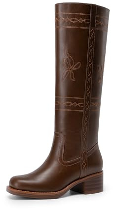 DREAM PAIRS Women's Knee High Boots Pull-on Tall Shaft with Western Stitching Vintage Style Comfortable Square Toe Boots for Women,Size 8,Dark Brown,SDKB26006W