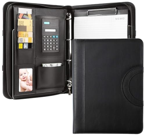 A4 Vegan Leather Portfolio Folder, Professional Conference Folder with 4-Ring Binder & Calculator, 10 Sheet Protectors & Clipboard Document Organiser for Business Travel, Business Office Men & Women
