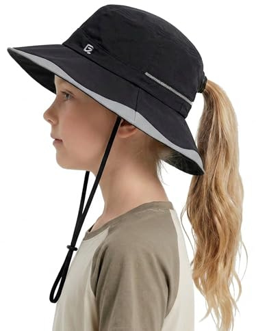 Bob pour enfant avec large bord, chapeau de soleil pour fille avec ouverture pour queue de cheval, protection solaire UPF50+ chapeau de plage d'été pour garçons et filles pour Pêche, voyage, Noir