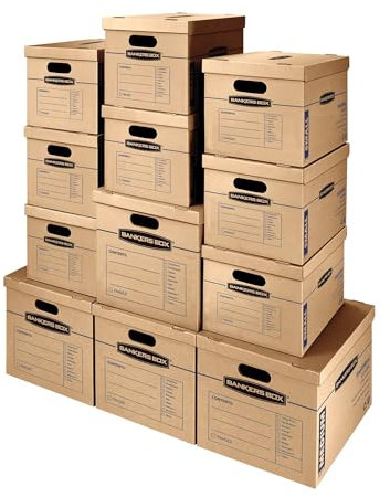 BANKERS BOX SmoothMove 7716401 - Scatole per traslochi classiche, montaggio senza nastro, manici facili da trasportare, colore marrone, confezione da 12 pezzi assortiti