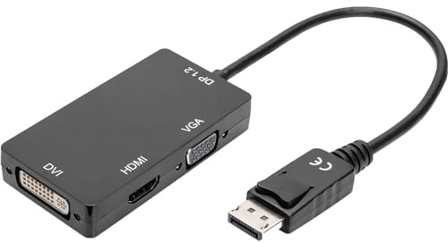DIGITUS Adaptador gráfico DisplayPort, DP a DVI-D + HDMI + VGA, 4K UHD 30 Hz, negro