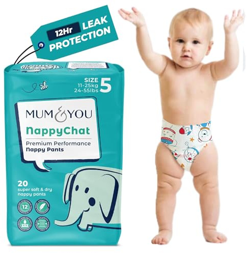 Mum & You Eco Friendly Baby Nappies- Premium Size 5 Nappy Pants (11-25 KG), 20 Count, Pull Up Training Pants. Day & Night Nappy | 12-Hr Leak Protection with Wetness Indicator & Rash-Free Baby Diaper
