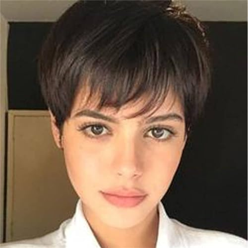 Queentas parrucca donna corta parrucche castano pixie acconciatura con frangia corte capelli sintetici per l'uso quotidiano cosplay (colore:Castano Scuro)