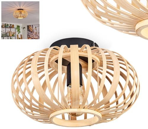 HOFSTEIN Deckenleuchte Oravi, Deckenlampe aus Metall in Schwarz, mit Bambus/Holz Schirm, Ø 30 cm, 1-flammig, E27-Fassung, Moderne Leuchte mit Lichtspiel, ohne Leuchtmittel