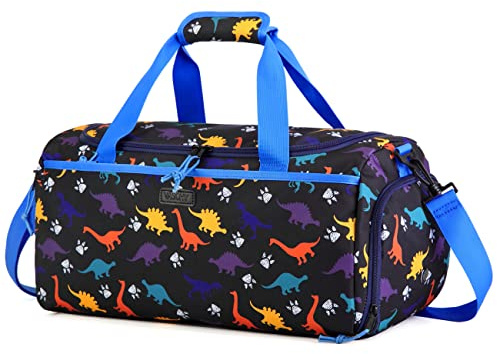 Kinder Duffle Bag, VASCHY Reisetasche für Kleinkinder Kinder Jungen Wasserabweisend Über Nacht Duffel Ballett Tanz Sport Carry On Weekender Bag mit Schuhfach Dry Wet Pocket Blau Dinosaurier