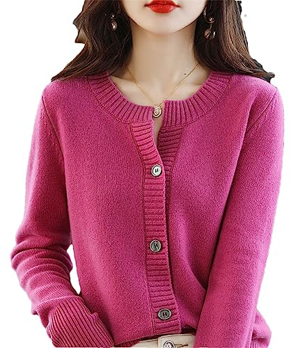 Bollrllr Women's Autumn and Winter Cashmere Sweater Cardigan Casual Round Neck Long-Sleeved Cardigan Warm Outdoor Top Rose Pink XXL