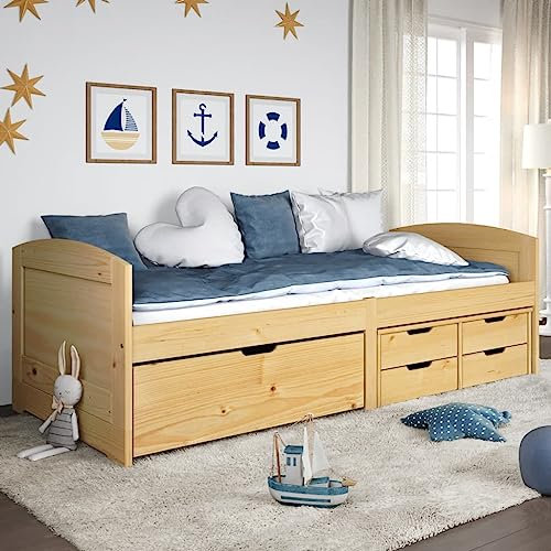 Festnight Tagesbett mit 5 Schubladen Bett mit Stauraum Senta Kinderbett Jugendbett Bett 90x200 Kiefer Natur Tagesbett Gästebett Einzelbett mit Schubkästen Funktionsbett Kojenbett 90x200cm